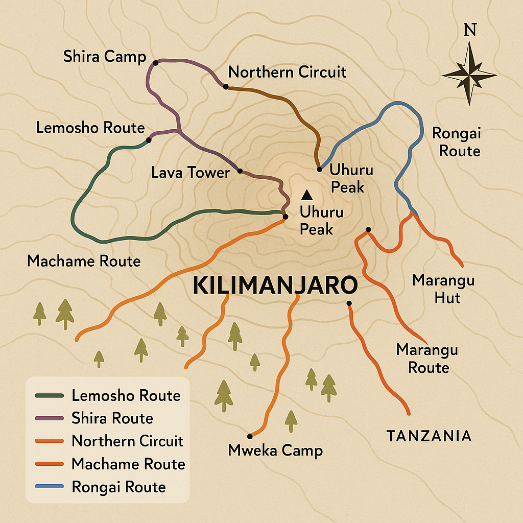 Kilimanjaro Routes Map showing Machame, Lemosho, Rongai, Marangu, Umbwe, and Northern Circuit